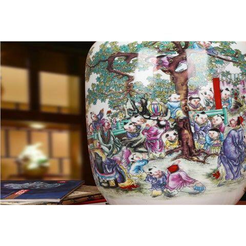 中式台面陶瓷粉彩花瓶仿古百子图景德镇工艺摆件