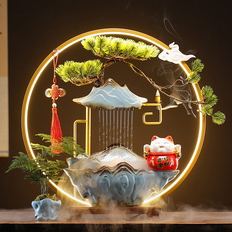 流水摆件招财猫创意循环水客厅办公室吧台桌面装饰乔迁开业礼物