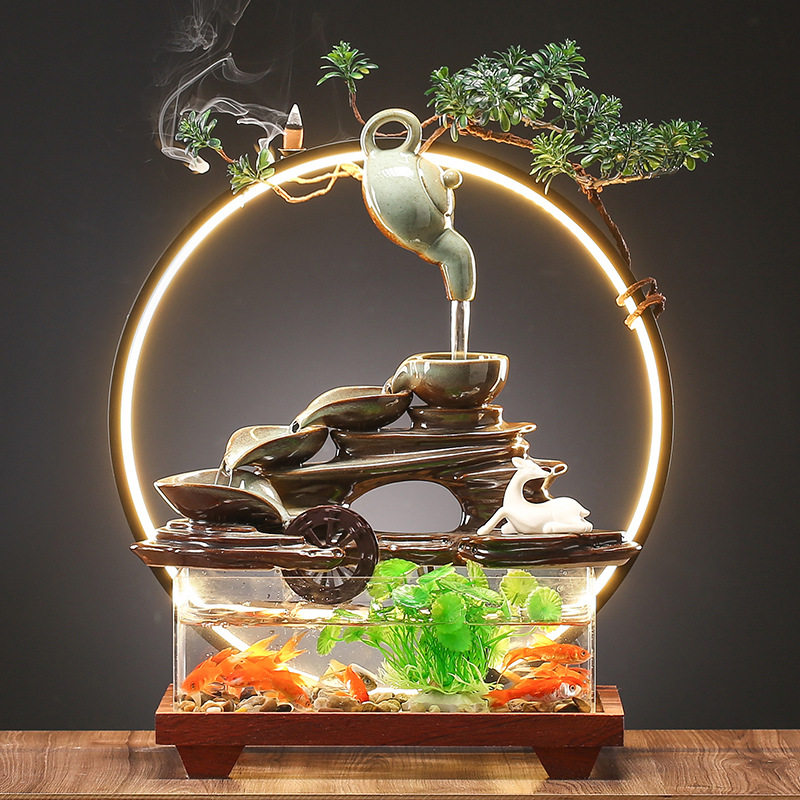 招财流水摆件创意悬浮茶壶喷泉循环水车鱼缸家居办公桌面开业礼品