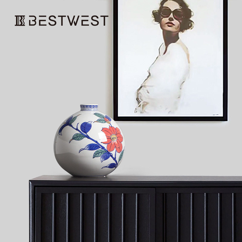 Best west 新中式复古双耳青花瓷陶瓷花瓶摆件家居酒壶花器装饰品