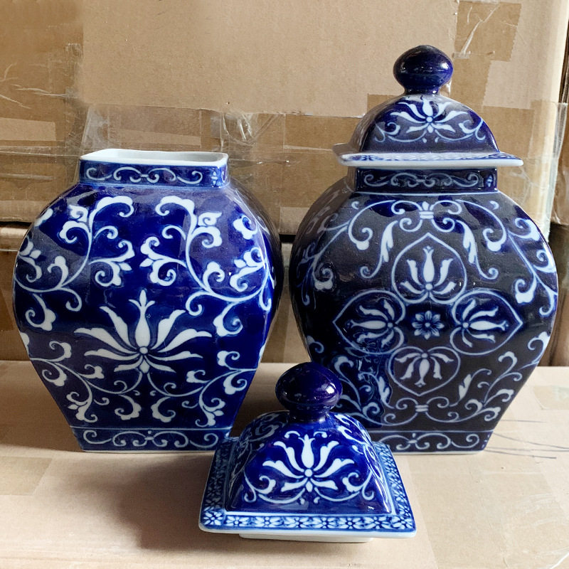 青花瓷罐子带盖家居客厅中式仿古花瓶插花玄关装饰陶瓷摆件储物罐