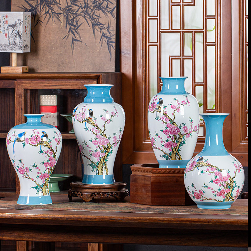 新中式景德镇陶瓷花瓶客厅插花瓶水点桃花瓷器装饰品家居饰品摆件