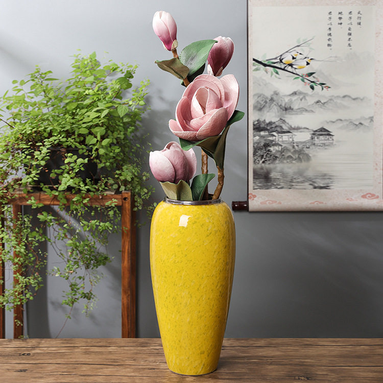 家居装饰品摆件景德镇陶瓷三件套干花花器新中式陶瓷花瓶油菜花黄