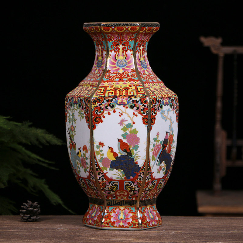 景德镇陶瓷花瓶仿古中式瓷器装饰品摆件工艺品琅彩锦鸡六方瓶