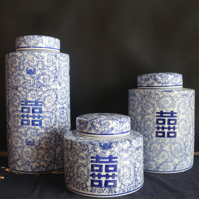 新中式储物陶瓷青花瓷摆件客厅玄关软装罐花瓶储物样品房喜字圆罐
