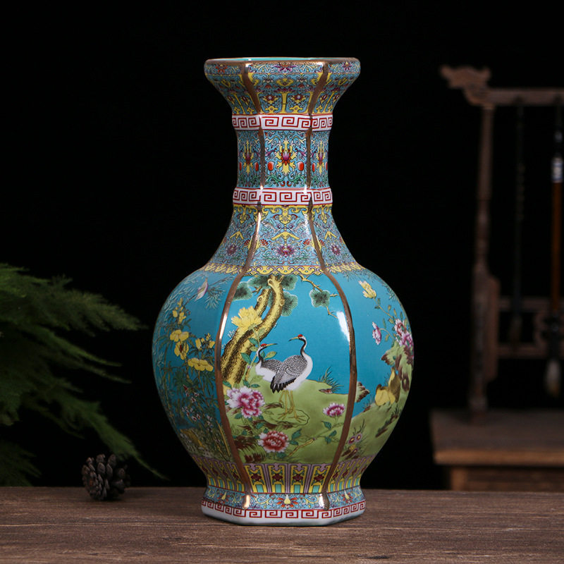 景德镇陶瓷珐琅彩六方花鸟花瓶仿古中式瓷器装饰品摆件工艺品