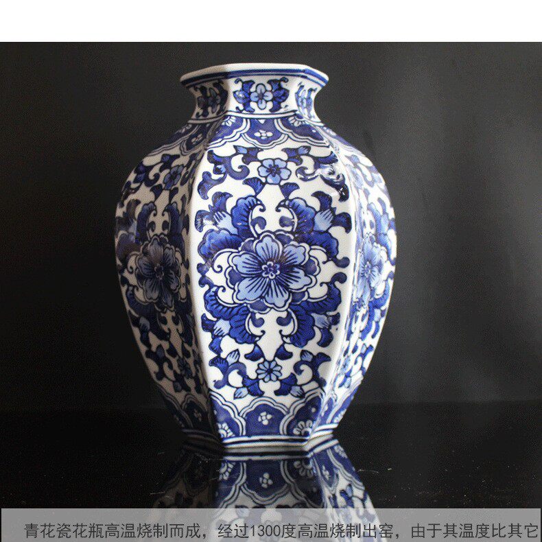 摆件花瓶玄关中式仿古插花装饰客厅陶瓷摆设手绘青花瓷大肚