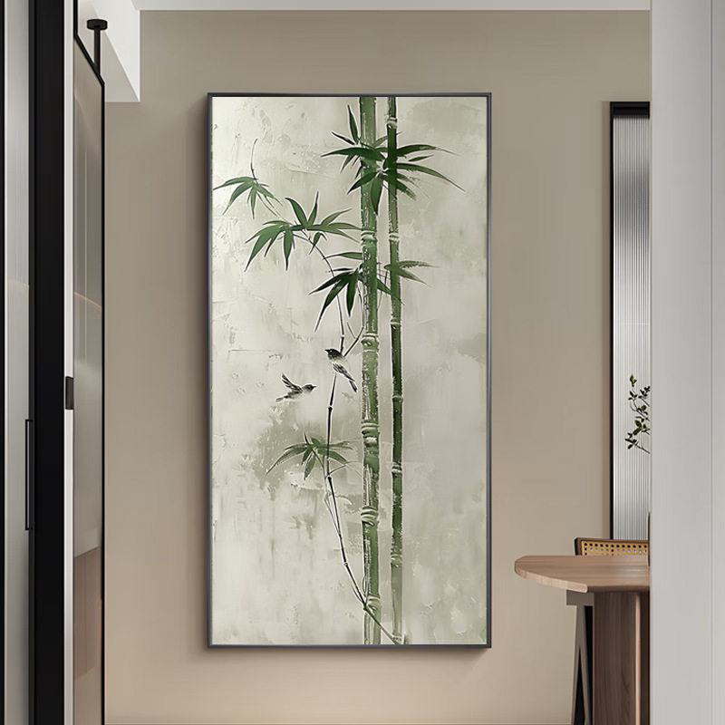 新中式竹子手绘油画客厅茶室装饰画 中古风格玄关挂画