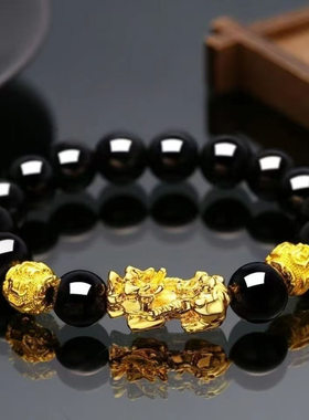 爆款金色貔貅手链男女仿3D硬金99黑曜石招财佛珠手链现货天然手链