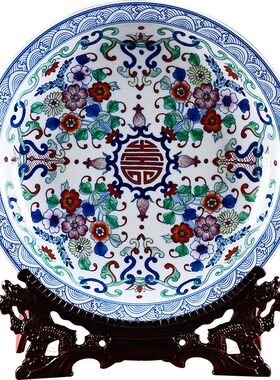 李镇英景玄镇手绘青花斗彩瓷装饰盘子家居客厅仿古中式德关挂墙
