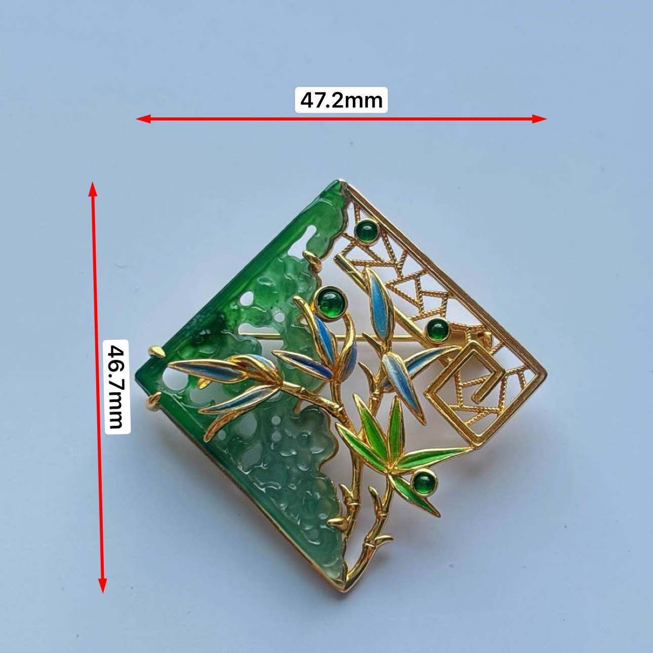 天然玉石翡翠竹节胸针S925银镀金