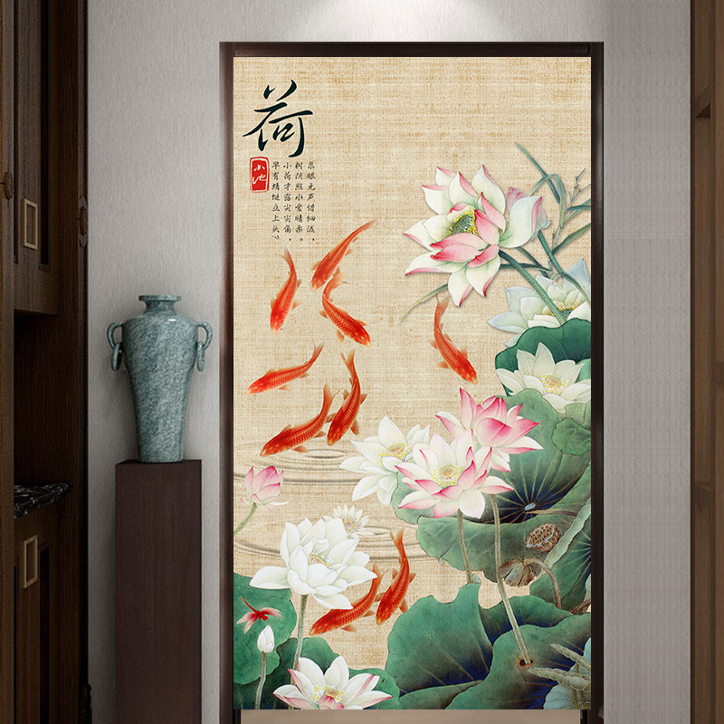 定制大尺寸棉麻卧室n中式荷花锦鲤棉麻布艺长款双面门帘隔断帘柜