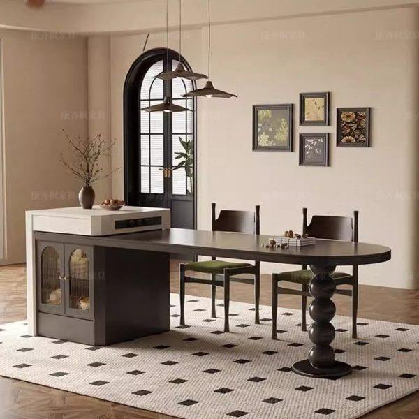 中古风可伸缩岛台餐桌一体复古圆弧纯黑岩板家用小户型中岛台餐桌,住宅家具,岛台餐桌,淘宝优惠券,粉丝福利购,淘宝优惠卷