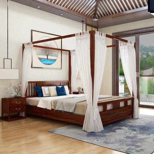 实木新中式架子床古代禅意双人床古典四柱床仿古拔步床客栈民宿床