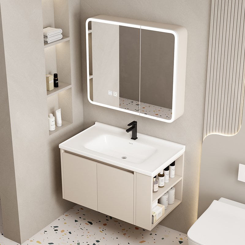 奶油侧边铝蜂g窝浴室柜圆弧镜柜组合简约现代陶瓷一体盆洗脸池手