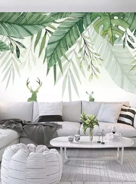 北欧小清新绿色叶子电视背景墙壁纸水彩风格卧室餐厅墙纸壁画