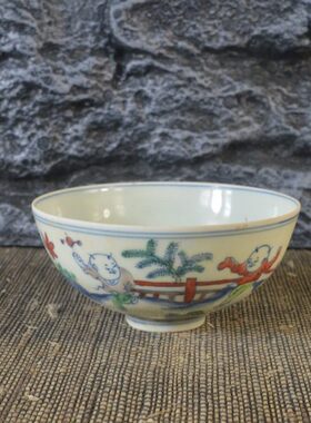 仿古瓷器 复古做旧明成化风格 斗彩人物纹瓷碗 古董古玩收藏品