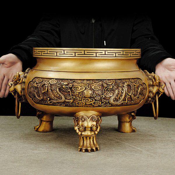 铜香炉黄铜家用龙戏珠祠堂特大号寺院供奉双龙鼎寺庙香炉佛具复古