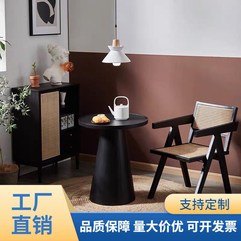 北欧轻奢实木小圆桌简约黑色奶茶店咖啡桌洽谈桌休闲茶桌家用茶几