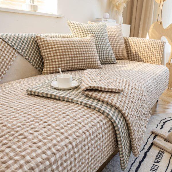 复古格子沙发垫水洗棉四季通用防滑清新简约现代坐垫沙发套罩巾盖