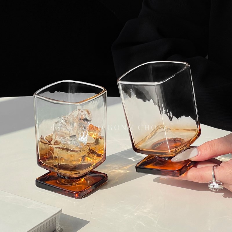 中古风美拉德方形矮脚杯ins风玻璃杯果汁杯冰美式咖啡杯鸡尾酒杯