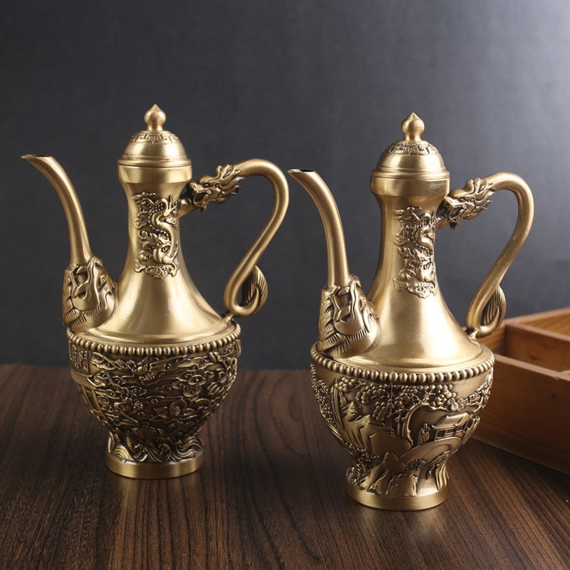 纯黄铜酒壶摆件家用客厅书v房办公室桌面装饰品工艺品铜器龙凤呈