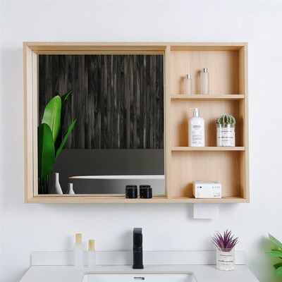 原木色浴室镜柜单独镜子卫生间挂墙式洗手N间实木储物柜定制尺寸