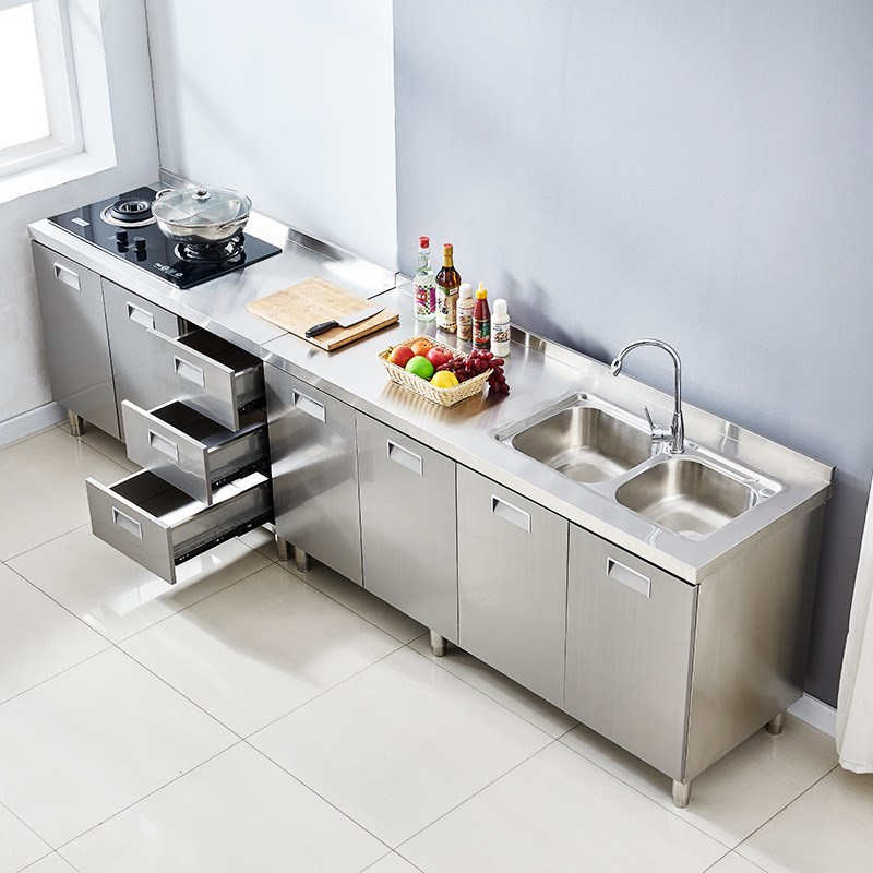 家用小户型304整体大容量加厚不锈钢橱柜免安装一体式厨房灶台柜