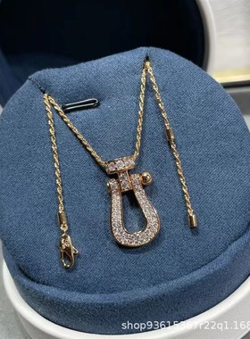 高版本v金两排钻马蹄扣项链满钻玫瑰金CNC精雕女吊坠粗链锁骨链