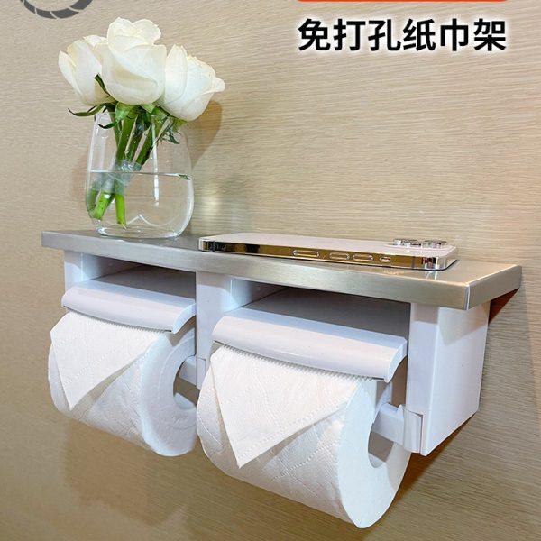 免打孔纸巾架卫生间厕所防水304不锈钢双卷纸器收纳置物架纸巾盒