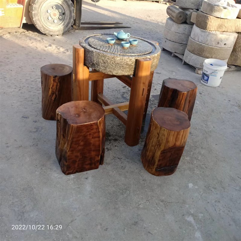 石雕老石磨茶盘旧石器复古茶桌茶凳老磨盘老石槽木架家Z用庭院阳