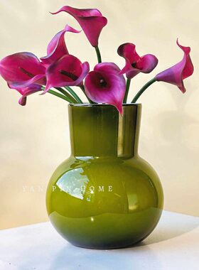橄榄绿色大口径花瓶中古风复古简约插花装饰摆件茶几桌面琉璃花器