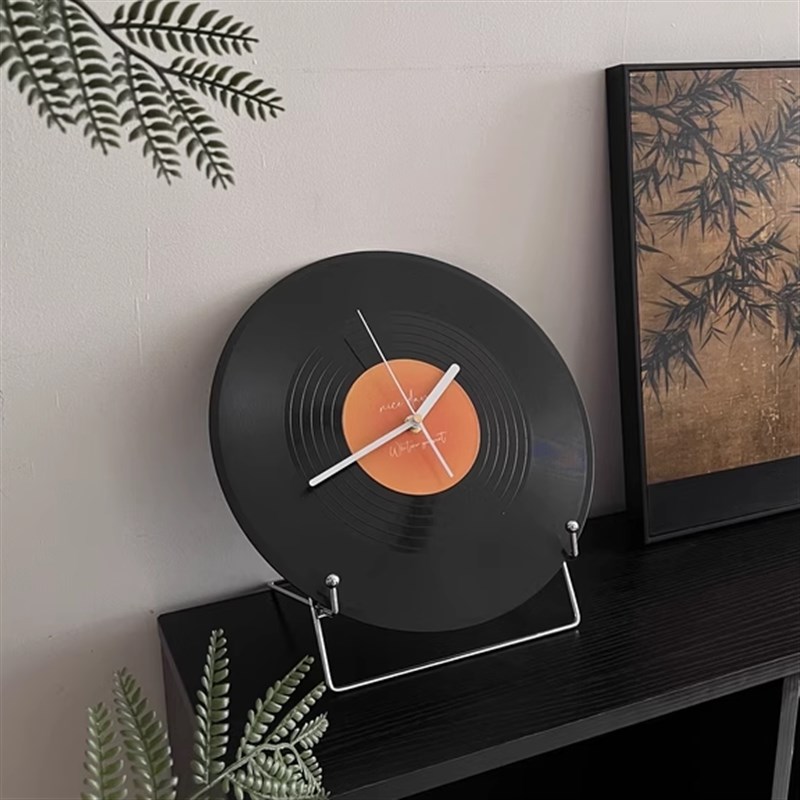 中古黑胶唱片钟摆钟玄q关客厅办公室书桌桌面摆件酒柜电视墙面摆