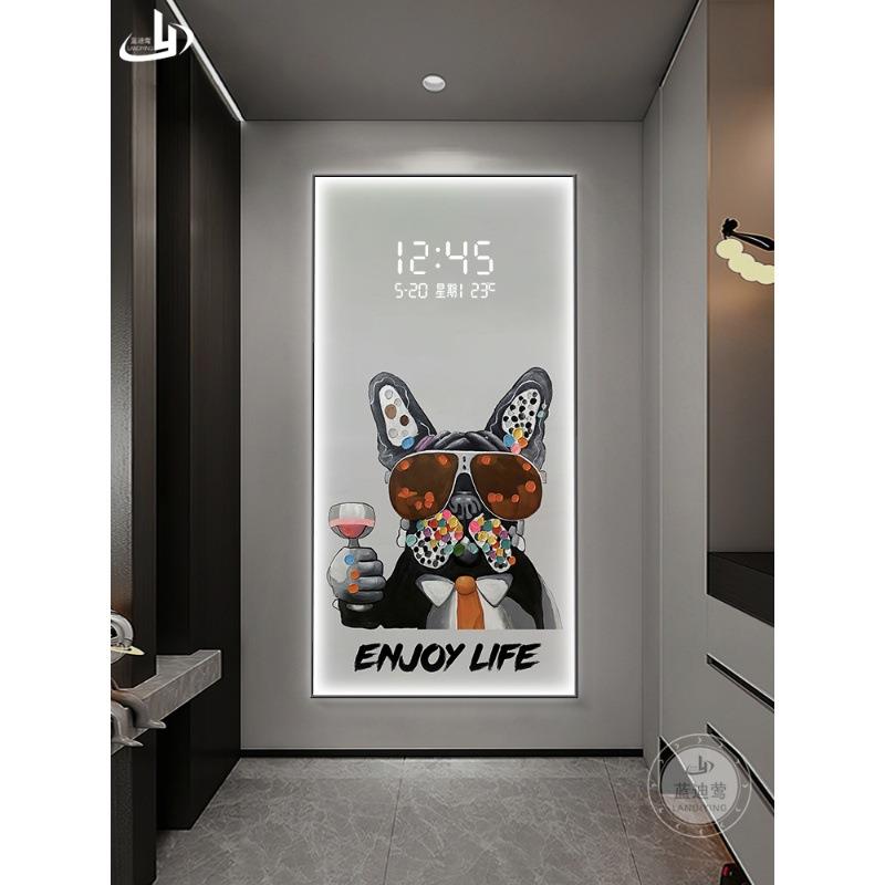 电子钟表玄关装饰画法斗猩猩数显时钟挂画动物狗客厅走廊带灯壁画