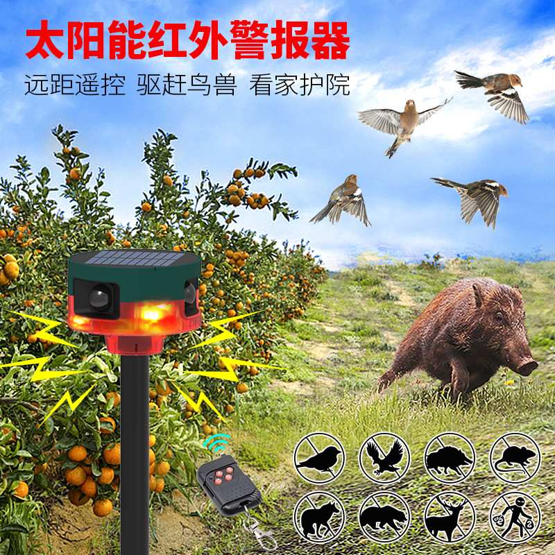 太阳能插地360度红外感应声光警示灯太阳能报警器驱兽器录语音广