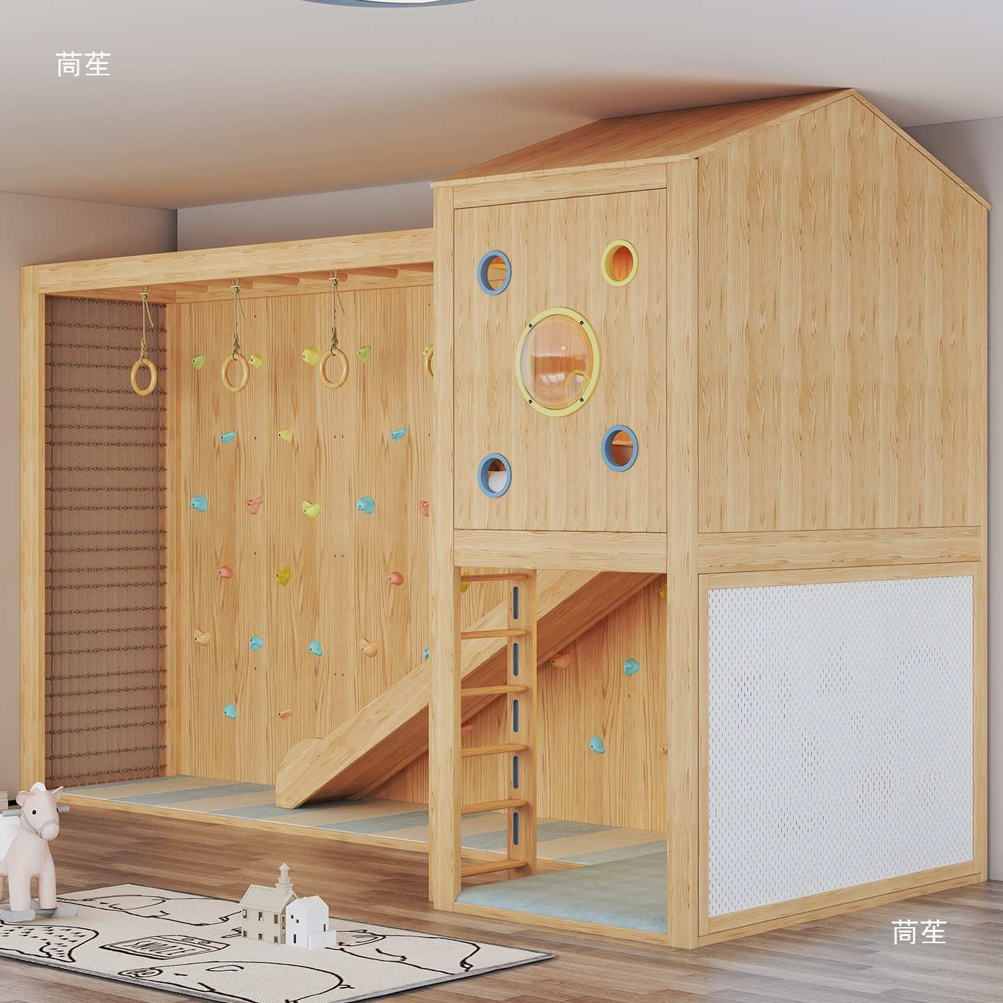 原木风全实木儿童房全屋树屋滑梯床云梯攀爬两个孩子一间房