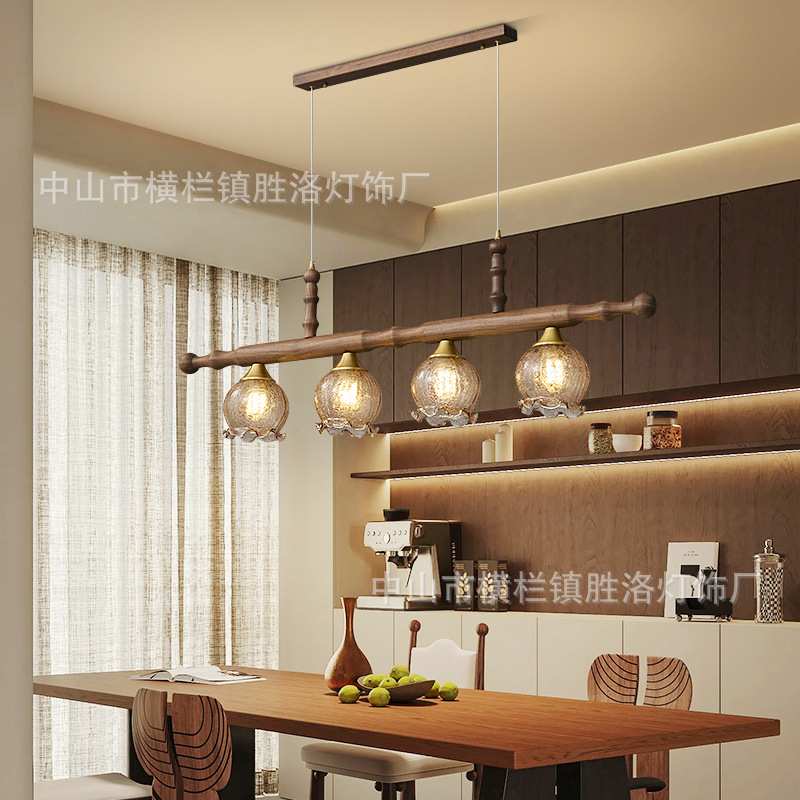 全铜法式中古美式复古北美黑胡桃木冰裂纹花朵全光谱餐厅吧台吊灯