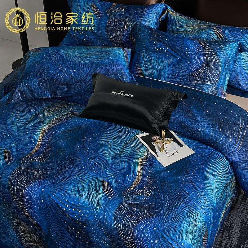 意式高端款超细莱赛尔棉四件套数码印花别墅样板房被套床上用品蓝