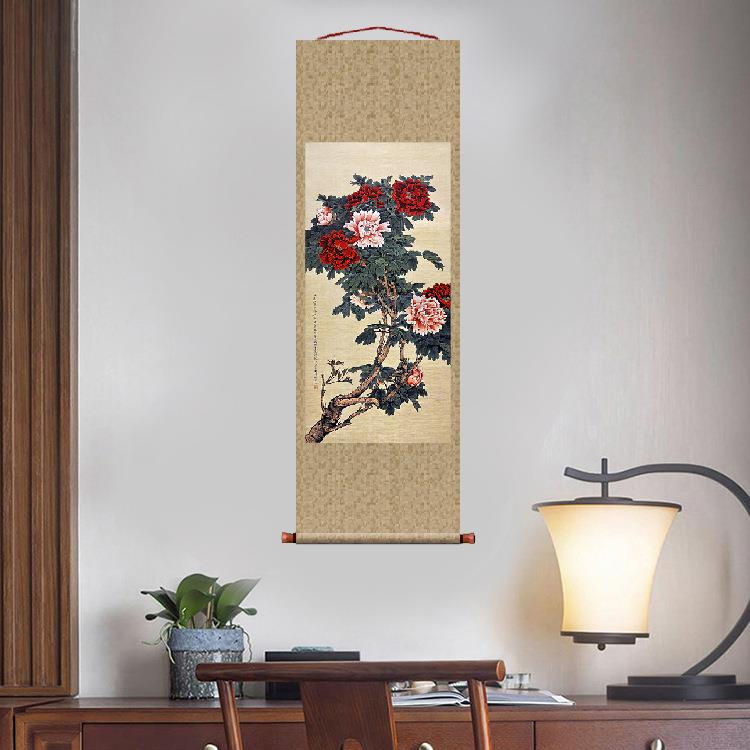 于非闇二乔牡丹图轴挂轴卷轴花鸟画名画复制品字画中式书房玄关画