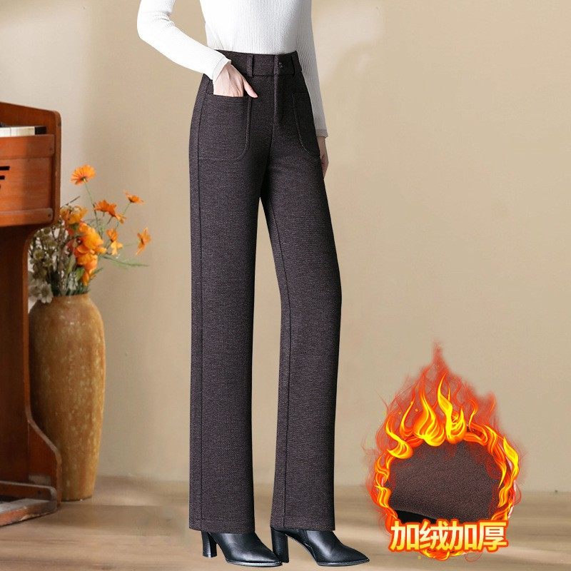 冬季加绒加厚窄版阔腿裤子女直筒休闲裤高腰保暖显瘦洋气妈妈裤子