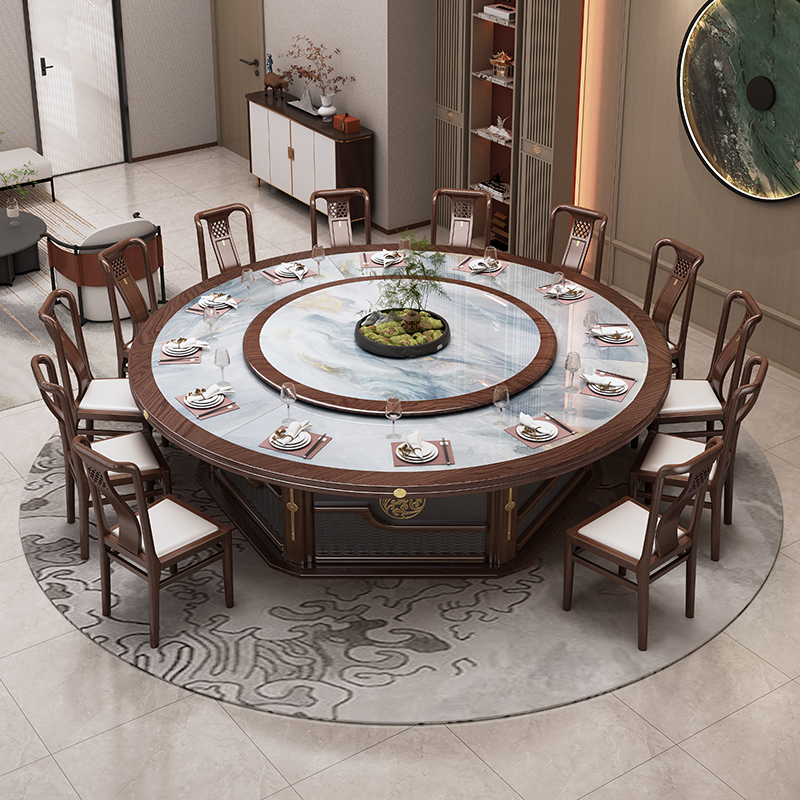 电动餐桌大圆桌酒店大圆桌中间转盘2F0人新中式30人岩板别墅圆桌