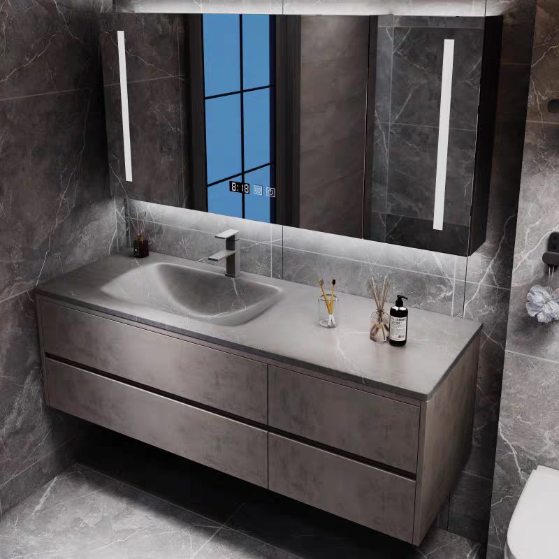 现代轻奢浴c室柜组合岩板热弯无缝一体盆简约卫生间智能镜柜洗漱