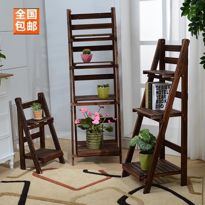 阳台实木花架置物架防腐碳化木多层阶梯折叠N木质多肉落地花盆架