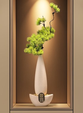 新中式招财元宝陶瓷细长高花瓶入户玄关摆件客厅T迎客松花艺装饰