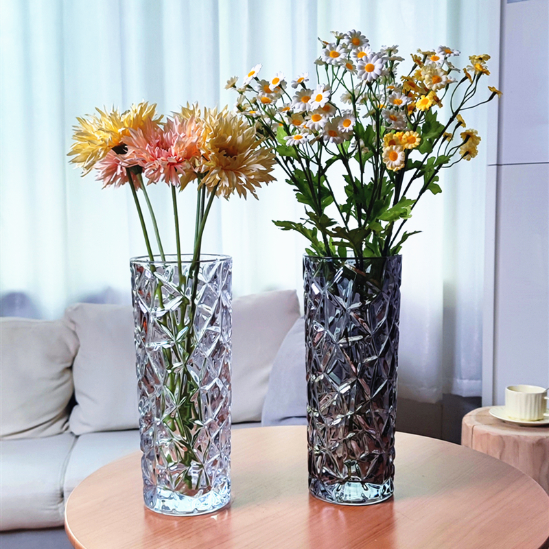 水晶钻石大号圆柱形玻璃花瓶透明插干鲜花百M合富贵竹床头客厅玄