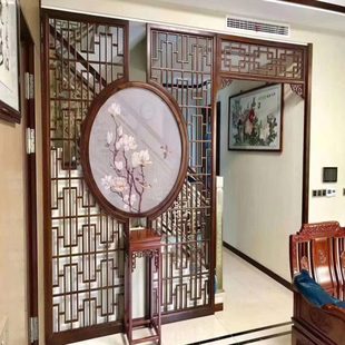新中式实木花格纱画屏风隔断电视背景墙仿古门窗宋式美学家装