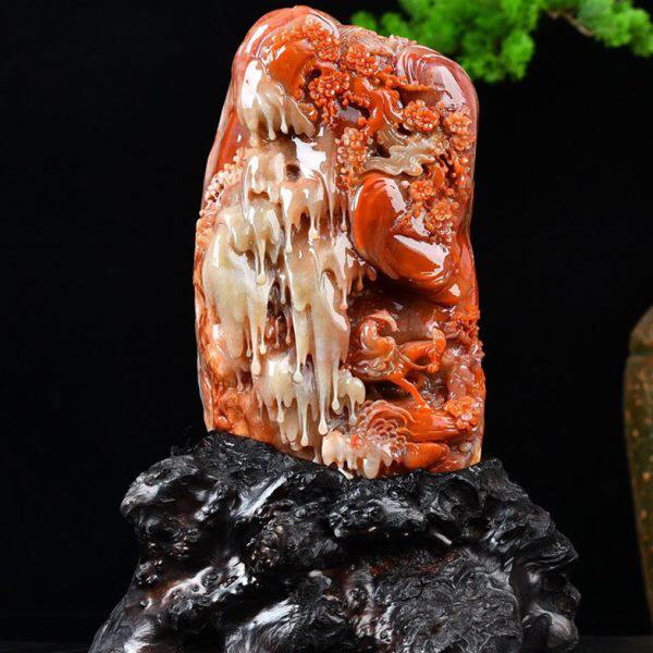 福建寿山石踏雪寻梅摆件家居山雪风景客厅装饰摆设俏色巧雕工艺品