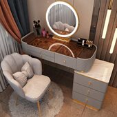 梳妆台轻奢玻璃高级感灰现代卧室简约岩板化妆桌网红收纳柜一体桌