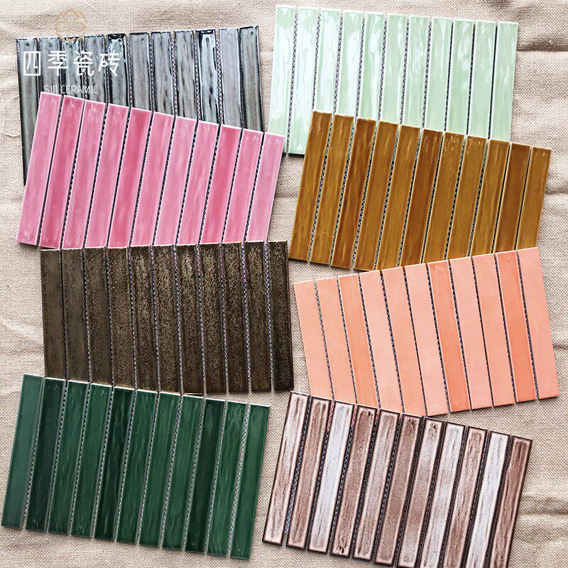 复古长条形马赛克窑o变墨绿金属色瓷砖餐厅玄关连锁店吧台背景墙