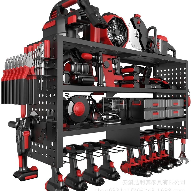 升级重型壁挂式手持电钻架 电动工具收纳架4层车库储物架 带挂钩